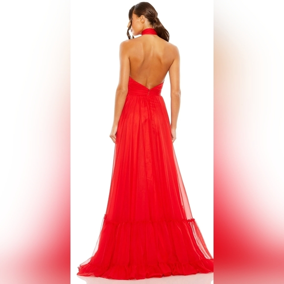 NWT! Ieena for Mac Duggal, Asymmetrical Halter Tiered A Line Gown, Red, Size 2 - Picture 4 of 13